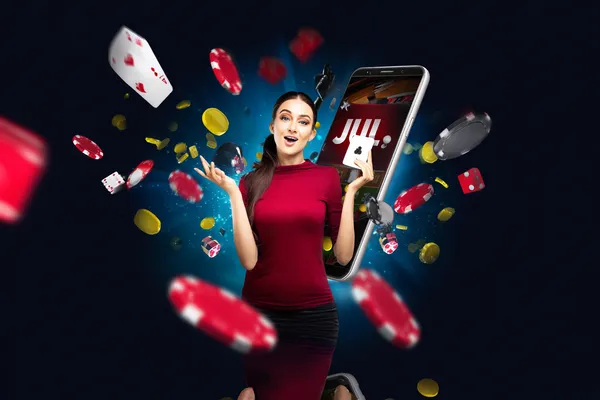 A young woman relaxing with her phone while dynamic casino elements float around her, illustrating the smooth mobile experience offered by the FONBED app.