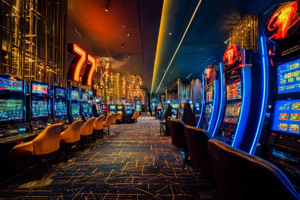 A stylish woman beside vibrant slot machines displaying glowing sevens, showcasing the variety of top slots at FONBED.